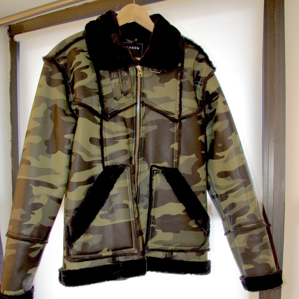 NWT REASON Military Faux Fur Leather Jacket - M